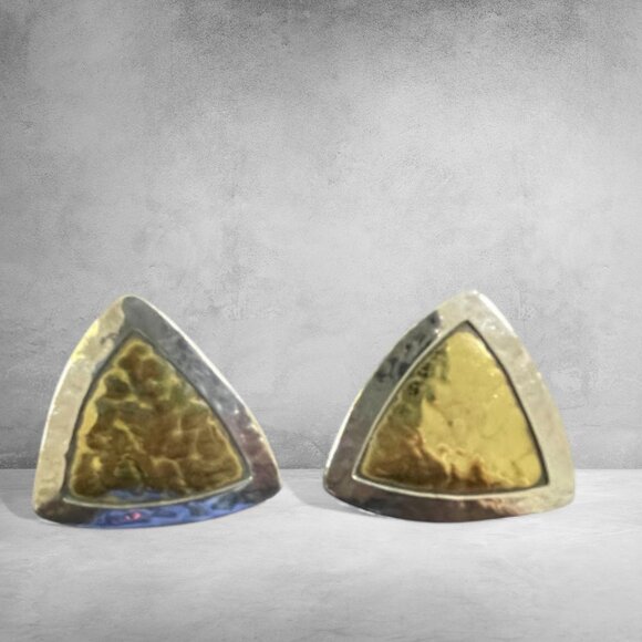 Vintage Jeep Collins Triangle Earrings Sterling Silver Brass Modernist Clip On - Picture 9 of 16